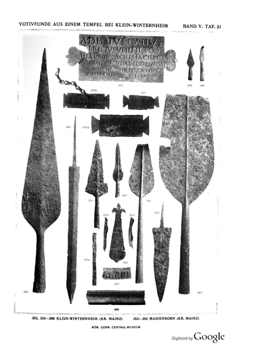 Taf.21 from AuhV5 showing images of Roman military equipment dedicated in the temple at Klein-Winternheim in Germany.