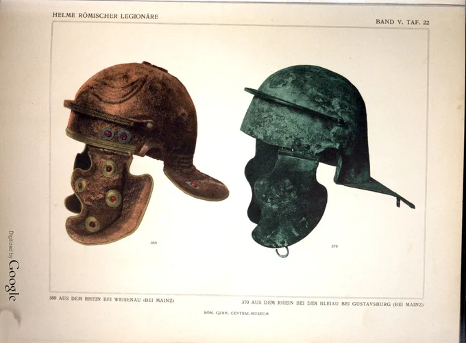 Taf.22 from AuhV5 showing tinted image of two Roman helmets from Mainz.