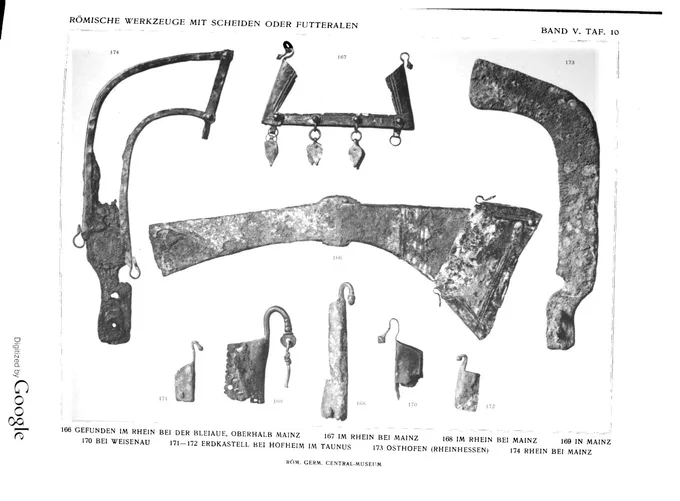 Taf.10 from AuhV5 showing image of Roman military tools and tool sheaths.