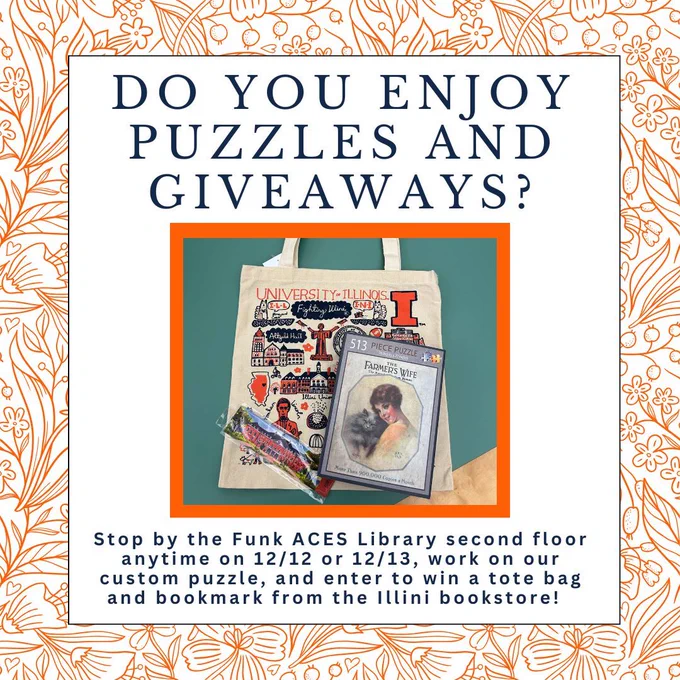 Illinois tote bag, bookmark, and puzzle, with text explaining the giveaway.
