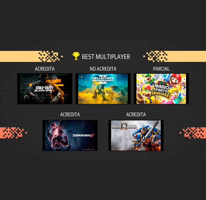 BEST MULTIPLAYER 5/5 Portada del juego Call of Duty: Black Ops 6 donde SÍ se acredita al equipo de localización. Portada del juego Helldivers II donde NO se acredita al equipo de localización. Portada del juego Super Mario PArty Jamboree donde se acredita PARCIALMENTE al equipo de localización. Portada del juego Tekken 8 donde SÍ se acredita al equipo de localización. Portada del juego Space Marine II donde SÍ se acredita al equipo de localización.