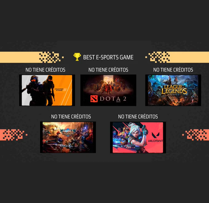BEST E-SPORTS GAME 5/5 Portadas de los juegos Counter Strike 2, Dota 2, League of Legends, Mobile Legends y Valorant donde ninguno de ellos ofrece suficiente información de acreditación del equipo de localización por no presentar créditos visibles.