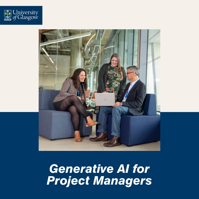 Three people sitting together with a laptop. Text reads: Generative AI for Project Managers.