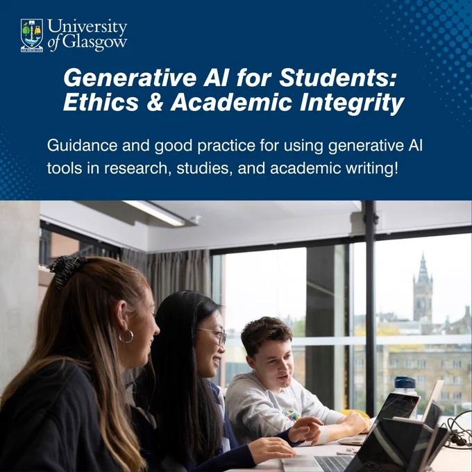 Three students sitting by a computer. The University tower is in the background. Text reads: Generative AI for students: Ethics and Academic Integrity. Guidance and good practice for using generative AI in tools in research, studies and academic writing.,