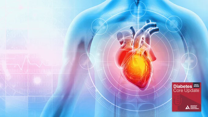 A 3D illustration depicting a human heart affected by heart attack and heart disease. The image highlights anatomical details of the heart, including visible damage or blocked arteries, symbolizing cardiovascular health issues, in shades of blue, with a red podcast con prominently displayed.