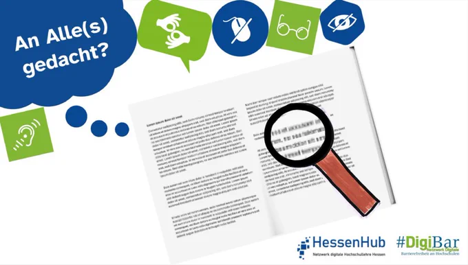 In das Design der Kampagne "An Alle(s) gedacht?" ist ein eingescanntes Dokument eingebettet, das nicht gut zu lesen ist. Darüber eine Lupe, die vergrößert, aber auch da ist der Text nicht erkennbar.