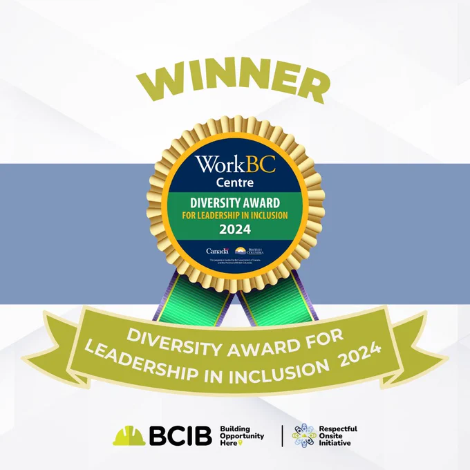 A graphic depicting the WorkBC Centre Cowichan Diversity Award for Leadership in Inclusion 2024 Official award featuring a golden ribbon badge with the text 'Winner' at the top. The BCIB logo is in the center bottom. 