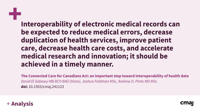 Interoperability of electronic medical records can be expected to reduce medical errors, decrease duplication of health services, improve patient care, decrease health care costs, and accelerate medical research and innovation; it should be achieved in a timely manner. 