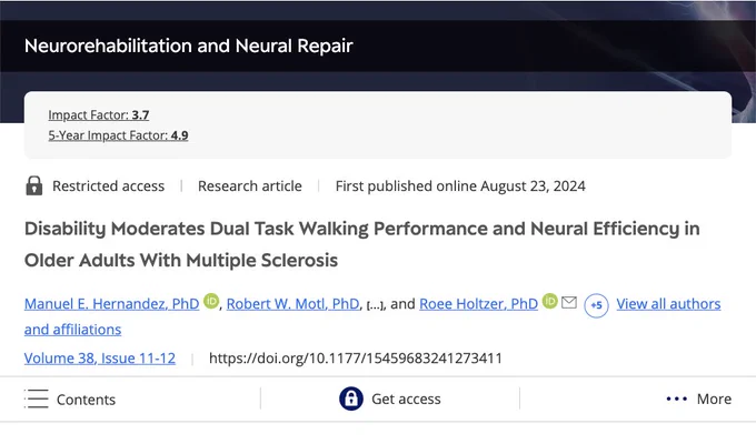 This is a screenshot image of the details of the article linked in the post. It was published in the journal Neurorehabilitation and Neural Repair. The title of the article is "Disability Moderates Dual Task Walking Performance and Neural Efficiency in Older Adults With Multiple Sclerosis". 