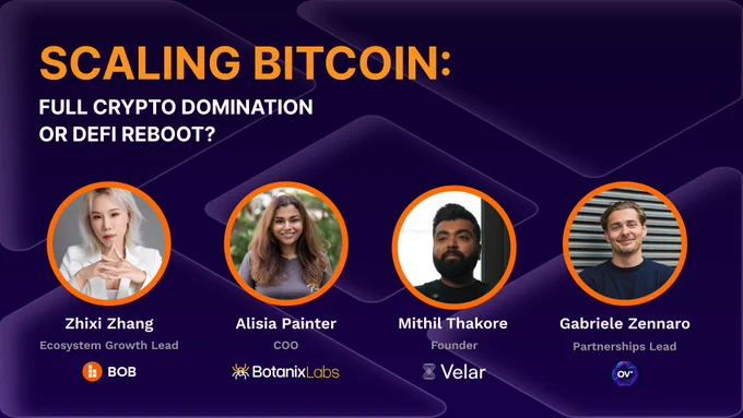 Event panel graphic for "ETH DeFi vs BTCFi - Who Will Lead the Future," happening Friday, December 13, 5:30 PM - 9:00 PM GMT 4. Panel titled "Scaling Bitcoin: Full Crypto Domination or DeFi Reboot?" featuring Zhixi Zhang, Alisia Painter, Mithil Thakore, and Gabriele Zennaro.