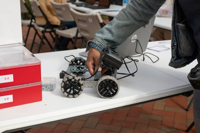 Student testing robot program demonstration.
