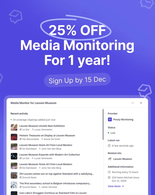 Promotional pic saying: 25% off media monitoring for 1 year! Sign up by 15 Dec