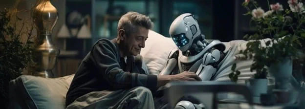 An AI generated image of an elderly man sitting on a couch with a humanoid looking robot.