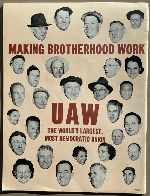 Member's faces on the back cover of a 1940s issue of Ammunition magazine with the following text: "Making Brotherhood Work. UAW: The world's largest, most democratic union." 