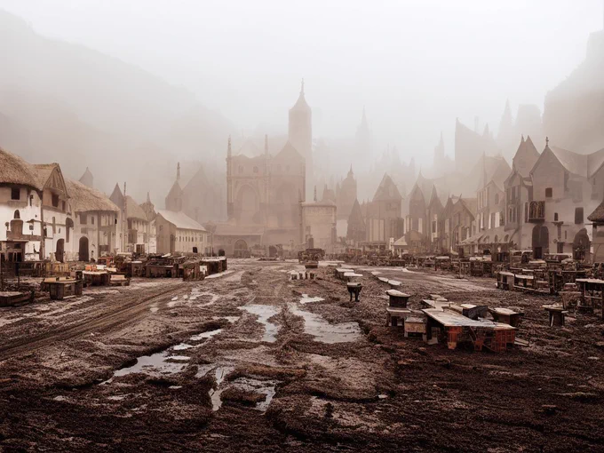 A photo of a foggy medieval village with a wide, empty road in the center of the image from the foreground to the background, leading directly into the fog. The ground is made of dark soil and is muddy, with standing pools of water. The ground is heavily disturbed. The village buildings have thatched roofs. There are crudely crafted vendor tables, stands, and carts on the side of the road. No person is present, giving an ominous feeling. Gothic cathedrals can be seen in the far distance. The outline of a hillside is visible in the fog.
