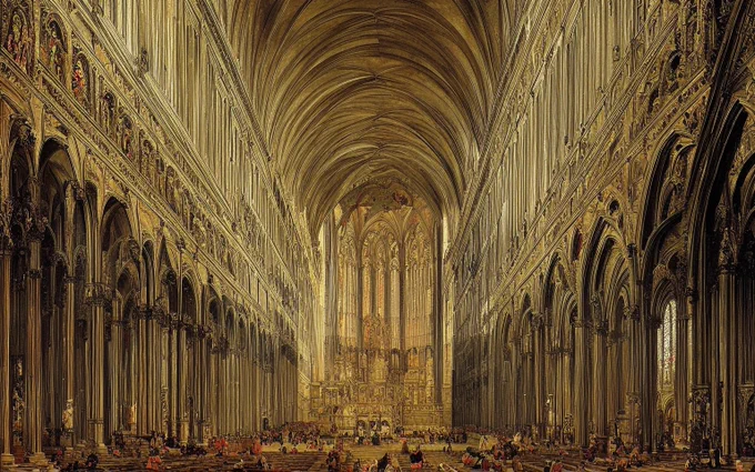 A painting of the interior of a cathedral with people sitting on the floor, surrounded by pillars, statues, and stained glass windows. The ceiling is visible at the top of the painting, and the walls are adorned with intricate designs.