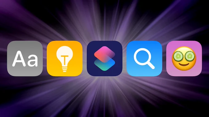 Banner image from the blog, with icons representing improved areas of functionality in OmniFocus 4.5: font/appearance settings, in-app tips and guidance, Shortcuts, Spotlight, and Apple Intelligence "Genmoji."