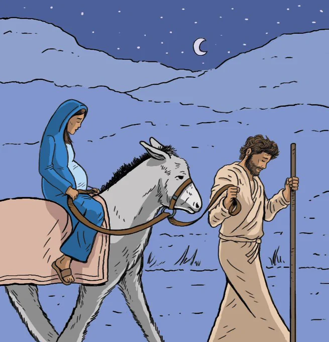 Illustration of Mary and Joseph traveling by donkey under a starry night sky.