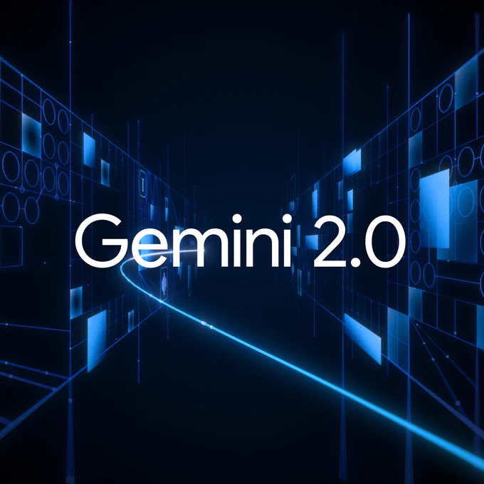 Text "Gemini 2.0" in front of a futuristic blue and black abstract background.
