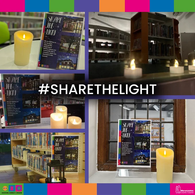 Photos of LED candles in five libraries. Text reads: #ShareTheLight. There are logos for Warwickshire County Council and Warwickshire Libraries
