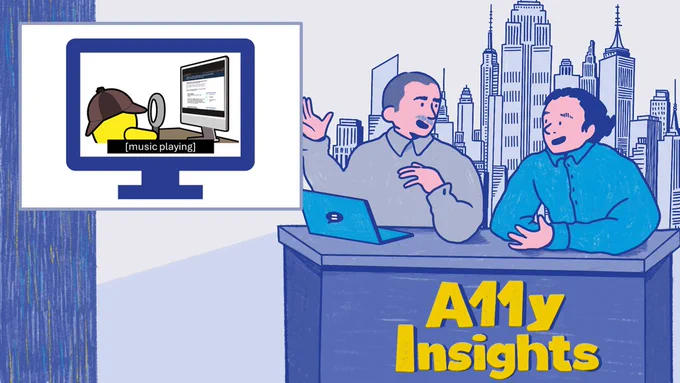 Illustration of Thomas and Ken at a desk with A11y Insights. Thomas has a laptop in front of him. A city skyline is in the distance behind them. The news window shows Detective Knomo with a magnifying glass to a monitor and bland captions say "[Music playing]" 