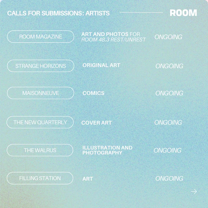 Calls for submission: Artists

Room Magazine | Art and photos for Room 48.3 Rest/Unrest | Ongoing

Strange Horizons | Original art | Ongoing 

Maisonneuve | Comics | Ongoing

The New Quarterly | Cover Art | Ongoing

The Walrus | Illustration and Photography | Ongoing 

Filling Station | Art | Ongoing 

