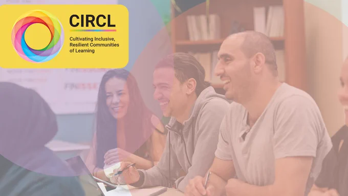 Group of individuals laughing and interacting around a table at a CIRCL workshop, with the CIRCL logo displayed in the upper left corner. Bright, colorful setting.