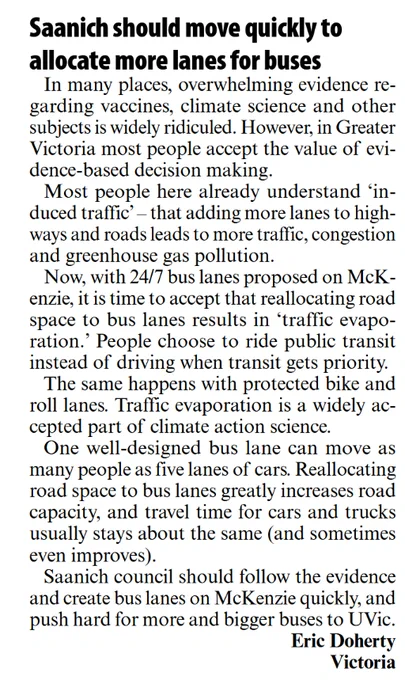 Image of letter to editor in print version of Saanich News. Text of letter in link in tweet.