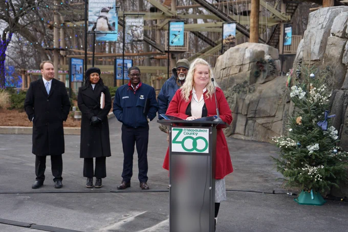 Assistant Deputy Secretary Diana Maas at the Milwaukee County Zoo giving a speech before the ribbon cutting for Penguins of the Pacific at the Humboldt Penguin Habitat.