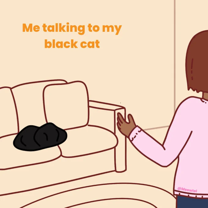 Large orange text reads 'me talking to my black cat'. An illustration of a woman talking to a black blob.