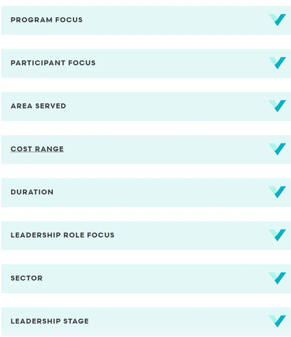 Screenshot of search filters for Minnesota Compass leadership program directory, which includes program focus, participant focus, area served, cost range, duration, leadership role focus, sector, leadership stage