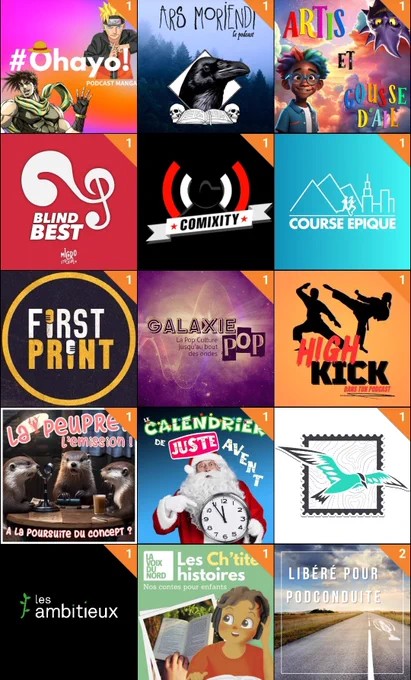 Capture d'écran de l'application Podcast addict 
#Ohayo
Ars Moriendi 
Artis & gousse d'ail 
Blind best 
Comixity
Course épique 
First Print
Galaxie Pop
High kick dans ton Podcast 
La peupret
Le calendrier de juste avant 
Le courrier de la Sterne 
Les ambitieux 
Les ch'tites histoires 
Libéré pour podconduite 
