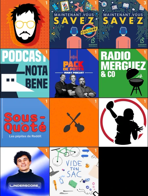 Capture d'écran de l'application Podcast addict
Linguisticae 
Maintenant vous savez 
Nota bene 
Pack de potes
Radio merguez & co
Sous quoté
Tartine ta culture 
TD Actu
Underscore
Vide ton sac