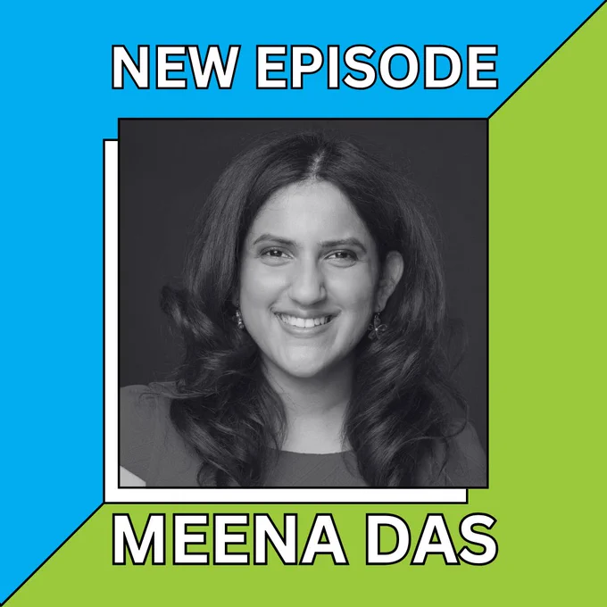 An announcement of a New CodeAbility Podcast Episode featuring Meenakshi Das. It shows a professional black and white headshot of Meena in the center with blue and green accents
