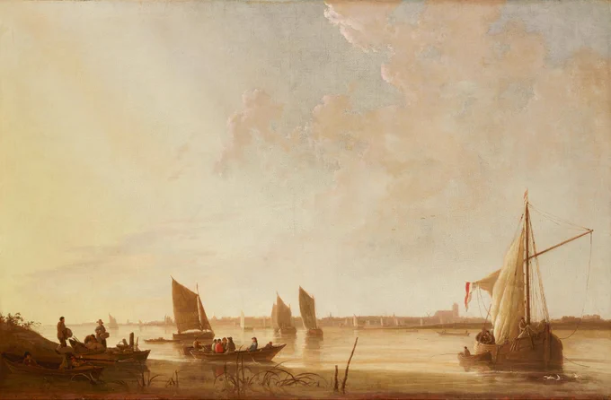 Painting of boats on a river against a dramatic cloudy sunrise