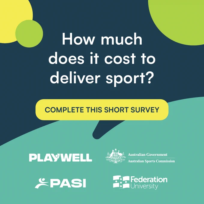 Promotional image inviting participation in a survey about the costs of delivering sport, sponsored by PlayWell, Australian Sports Commission, PASI, and Federation University. The image features a green and blue abstract background with text and logos.
