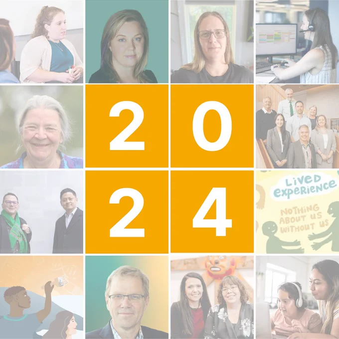 Collage of people featured in BC SUPPORT Unit stories over 2024, in a grid format. The design has 2024 in the centre of the grid.