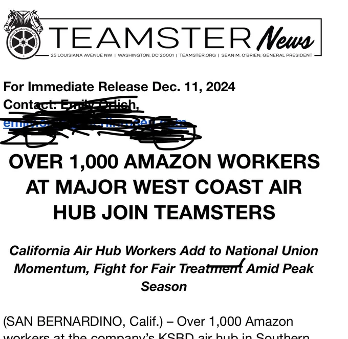 Teamsters press release about Amazon workers joining union