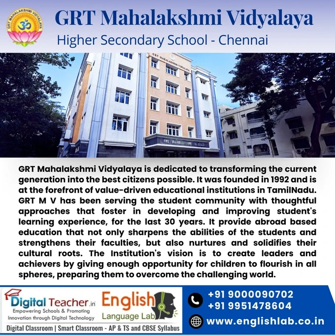 GRT Mahalakshmi Vidyalaya is dedicated to transforming the current generation into the best citizens possible. It was founded in 1992 and is at the forefront of value-driven educational institutions in TamilNadu. GRT M V has been serving the student community with thoughtful approaches that foster in developing and improving student's learning experience, for the last 30 years. It provide abroad based education that not only sharpens the abilities of the students and strengthens their faculties, but also nurtures and solidifies their cultural roots. The Institution's vision is to create leaders and achievers by giving enough opportunity for children to flourish in all spheres, preparing them to overcome the challenging world.
