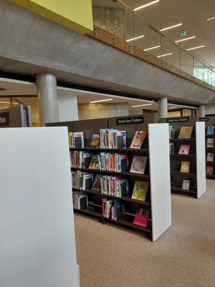 A view of the library collection with an assortment of colourful books.