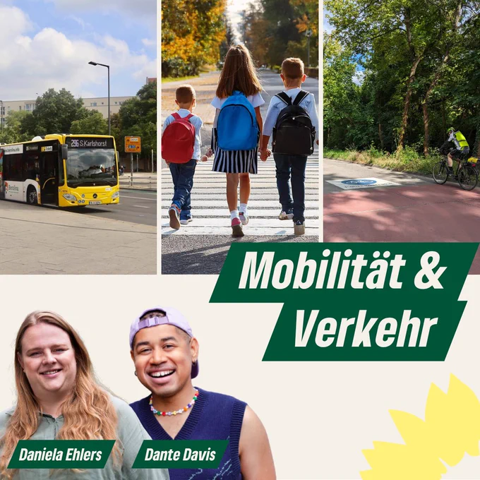 Bus, Kinder beim Überqueren einer Straße, Radfahrer, Porträts von Daniela Ehlers und Dante Davis.