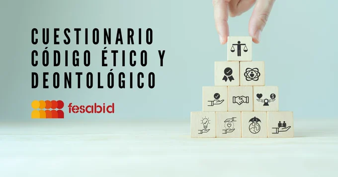 Imagen de unos cubos con una balanza donde pone 'cuestionario código ético y deontológico FESABID'