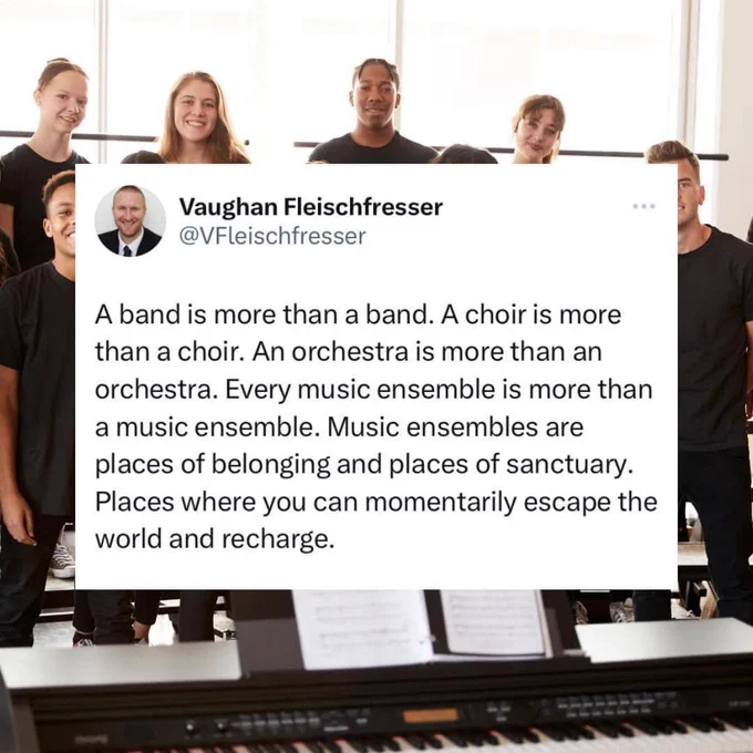 A band is more than a band. A choir is more than a choir. An orchestra is more than an orchestra. Every music ensemble is more than a music ensemble. Music ensembles are places of belonging and places of sanctuary. Places where you can momentarily escape the world and recharge.