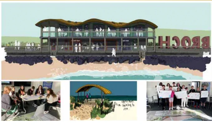 Artists impression of Fraserburgh beach masterplan developments and images of public engagement events.