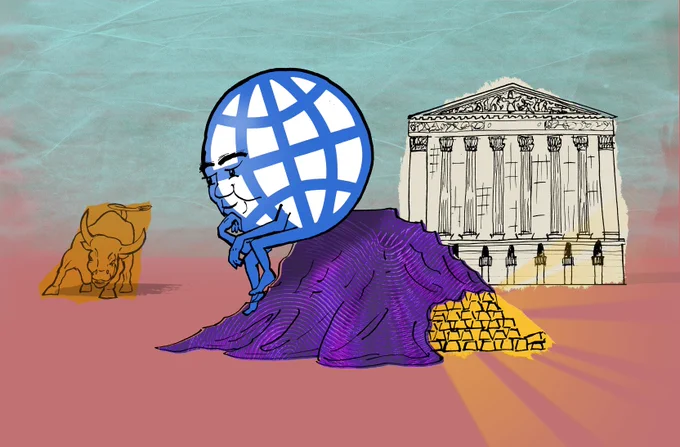 illustration of the Bretton Woods Observer winter 2024, presenting the World Bank globe sitting on a hidden pile of gold looking at the Wall Street Bull (which represents the financial sector)