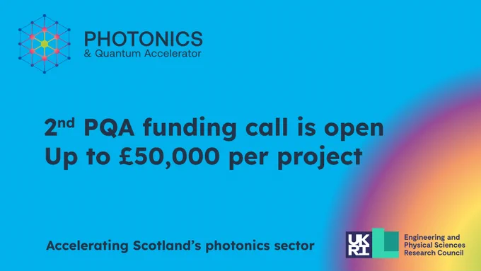 Photonics & Quantum Accelerator logo. 2nd PQA funding call is open. Up to £50,000 per project. Accelerating Scotland's photonics sector. EPSRC logo.