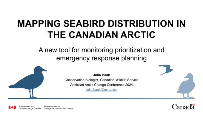 Presentation title slide “Mapping seabird distribution in the Canadian Arctic: A new tool for monitoring prioritization and emergency response planning”
