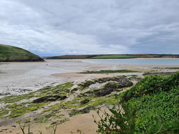 The mouth of the camel estuary from hill top. The tide is out and the sky overcast, people can be seen walking on the beach. 