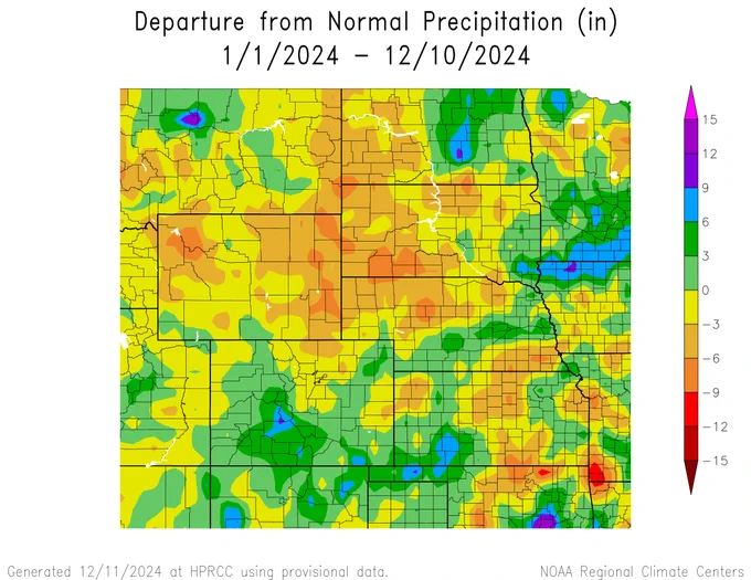 The year to date departure from precipitation map by the High Plains Regional Climate Center shows most of the Northern Plains with large areas having precipitation deficits from six to nine inches. 