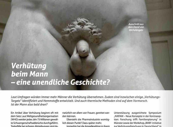 Ausschnitt aus Michelangelos David, der sein Geschlechtsteil in den Mittelpunkt nimmt. Im Bild die Überschrift "Verhütung beim Mann – eine unendliche Geschichte?" des im Post verlinkten Print-Artikels. Darunter dessen Vorspann sowie erste Zeilen des Artikeltexts.